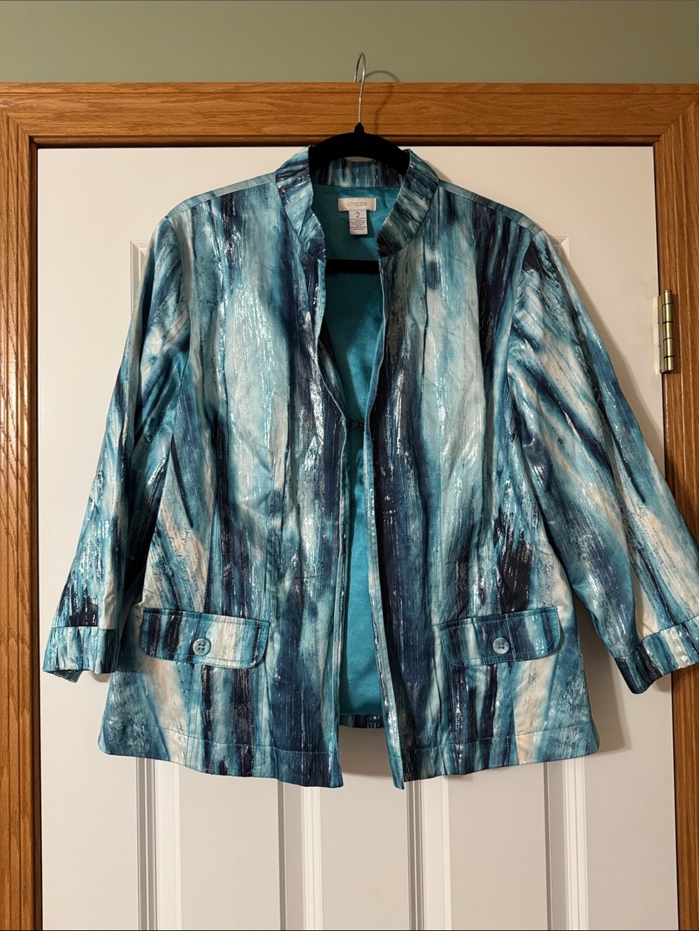 EUC Chico's Teal & Navy metallic Watercolor Print Satin Blazer size 2 (12)
